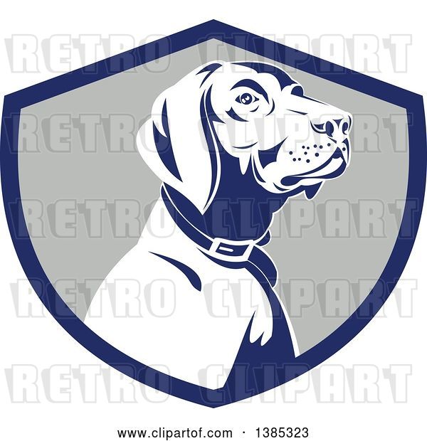 Vector Clip Art of Retro Pointer Hunting Dog in a Blue Gray and White Shield