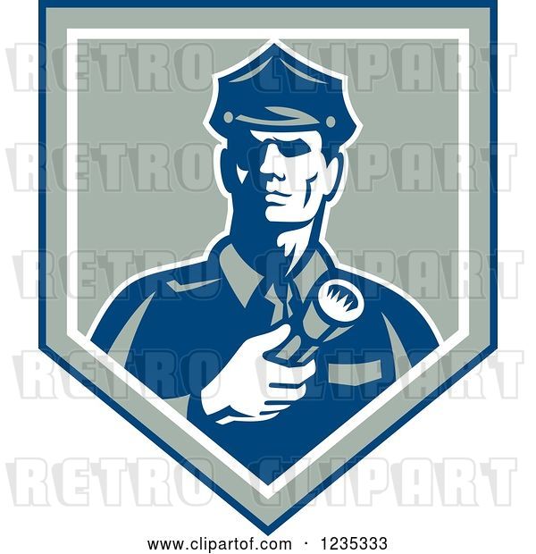Vector Clip Art of Retro Police Guy with a Flashlight in a Shield