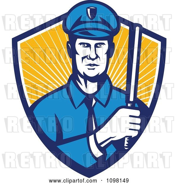 Vector Clip Art of Retro Police Officer Holding a Baton in a Shield or Rays