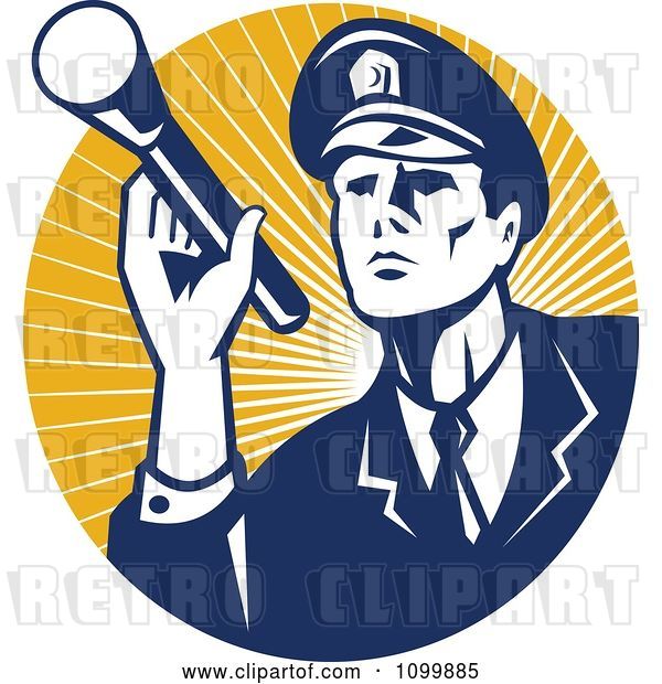 Vector Clip Art of Retro Police Officer or Security Guard Shining a Flashlight over a Circle of Orange Rays