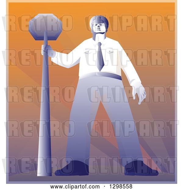 Vector Clip Art of Retro Police Offier Standing with a Stop Sign