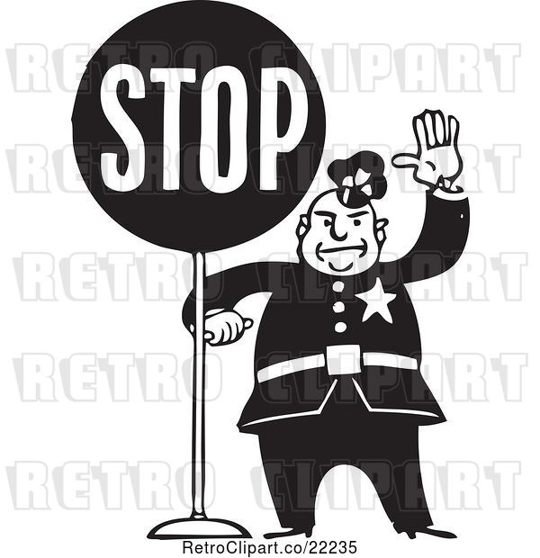 Vector Clip Art of Retro Policeman with a Stop Sign