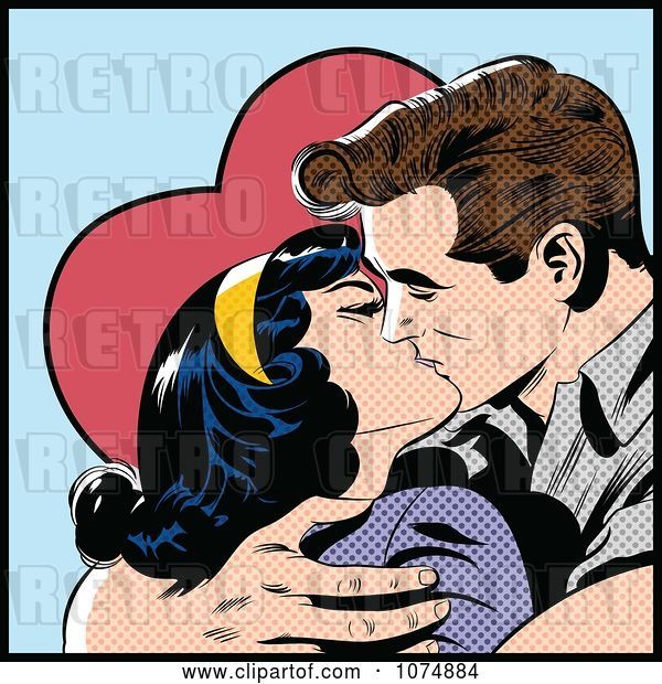Vector Clip Art of Retro Pop Art Couple Kissing and Holding Each Other Tight over a Heart