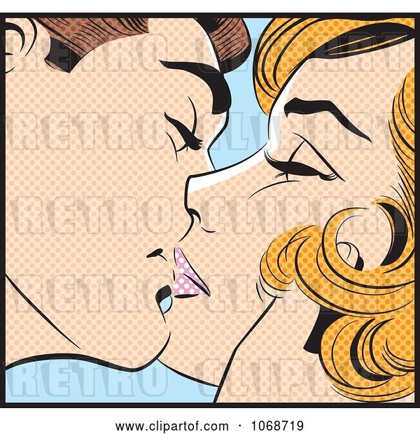 Vector Clip Art of Retro Pop Art Couple Kissing over Blue