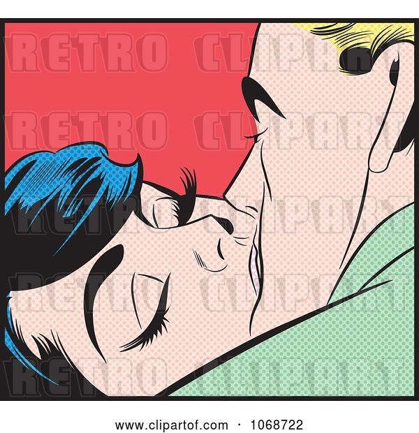 Vector Clip Art of Retro Pop Art Couple Kissing over Red