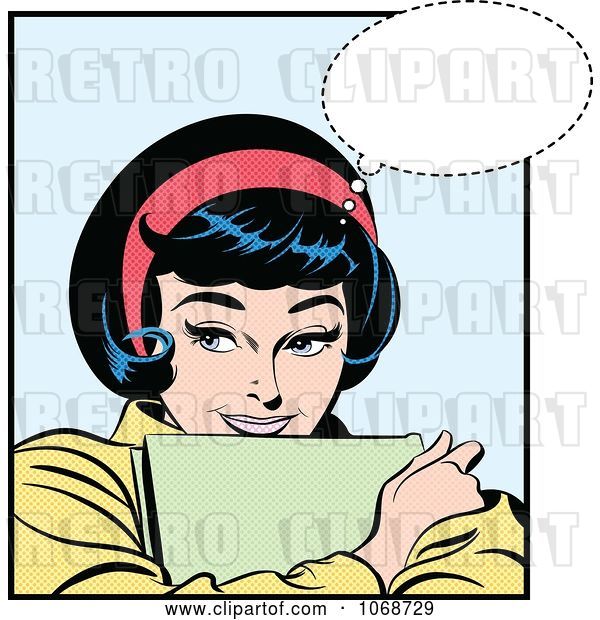 Vector Clip Art of Retro Pop Art Lady Hugging Papers and Thinking
