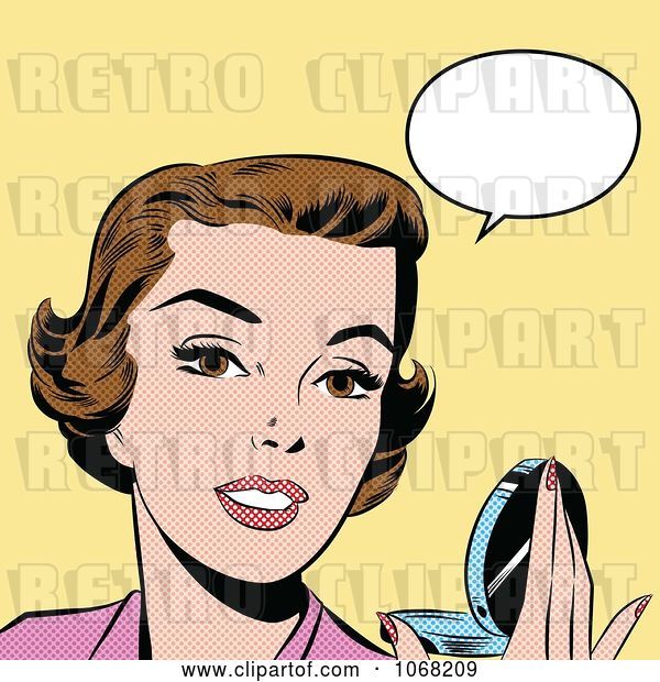 Vector Clip Art of Retro Pop Art Styled Talking Lady Holding a Compact