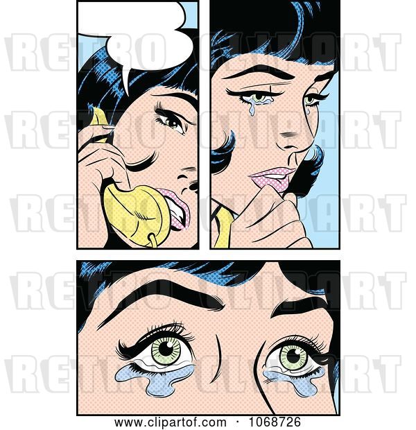 Vector Clip Art of Retro Pop Art Women Crying and Talking on the Phone