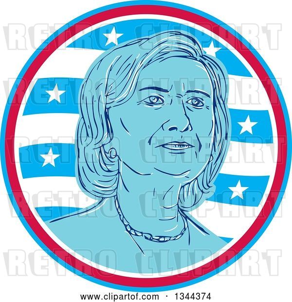 Vector Clip Art of Retro Portrait of Hillary Clinton in a Circle of Waves and Stars