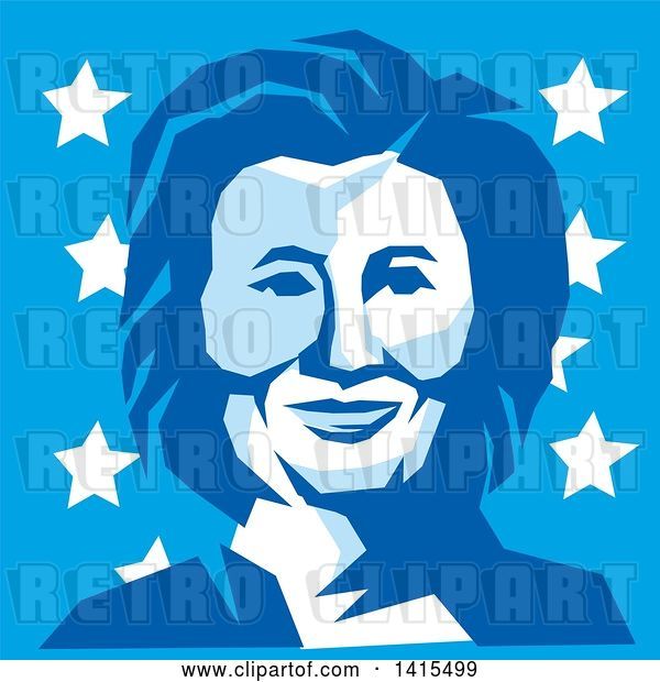 Vector Clip Art of Retro Portrait of Hillary Clinton in Blue Tones, over Stars