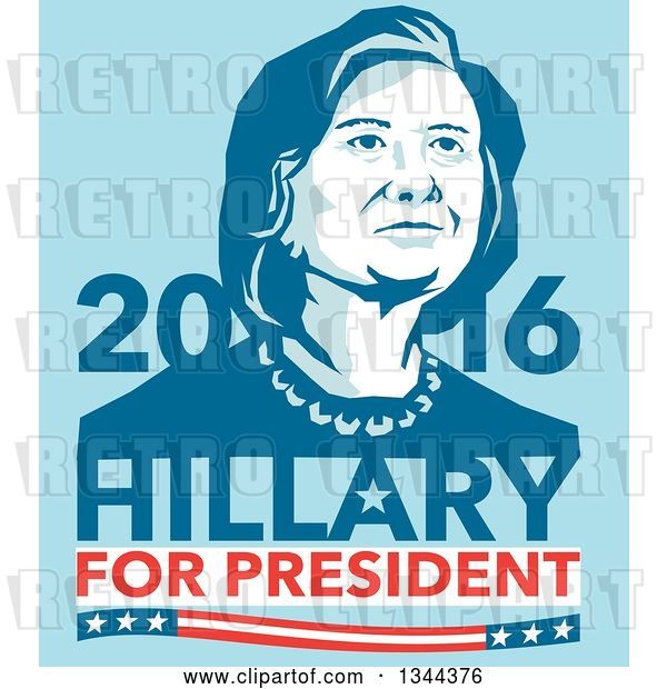 Vector Clip Art of Retro Portrait of Hillary Clinton with Text on Blue