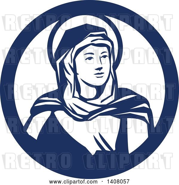 Vector Clip Art of Retro Portrait of the Blessed Virgin Mary Looking to the Right Inside a Blue and White Circle
