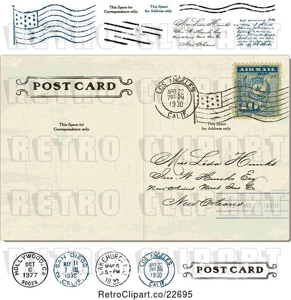 Vector Clip Art of Retro Post Card with a Postmark and Stamps