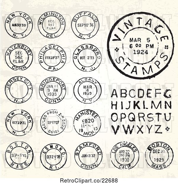 Vector Clip Art of Retro Postmark Stamps and Letters
