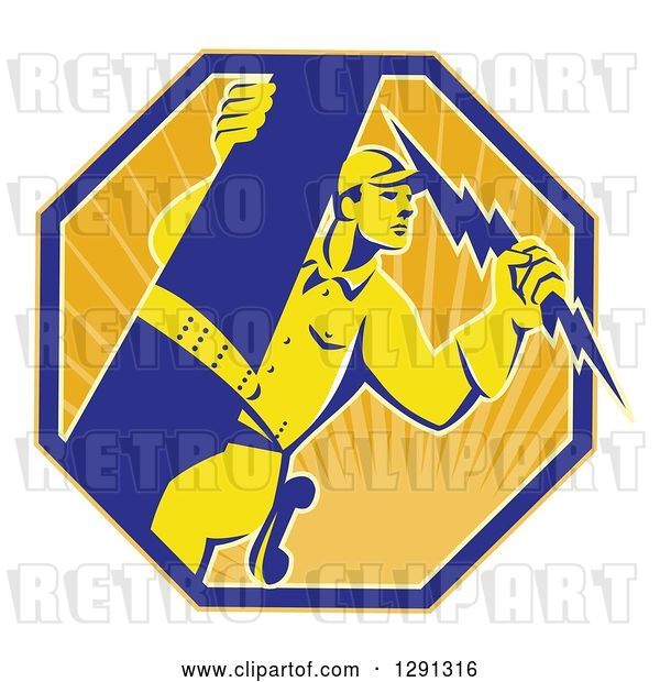 Vector Clip Art of Retro Power Lineman Electrician Worker Holding a Lightning Bolt in a Sunshine Octagon