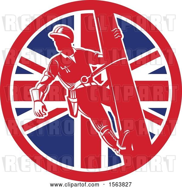 Vector Clip Art of Retro Power Lineman on a Pole in a Union Jack Flag Circle