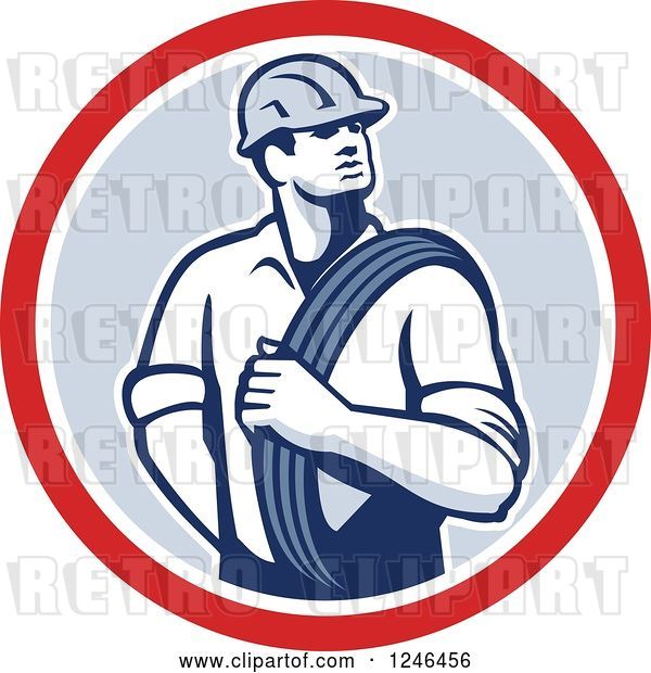 Vector Clip Art of Retro Power Lineman with an Electric Wire in a Circle