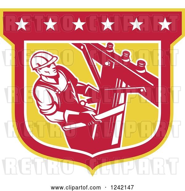 Vector Clip Art of Retro Power Linesman Scaling a Pole in a Starry Shield