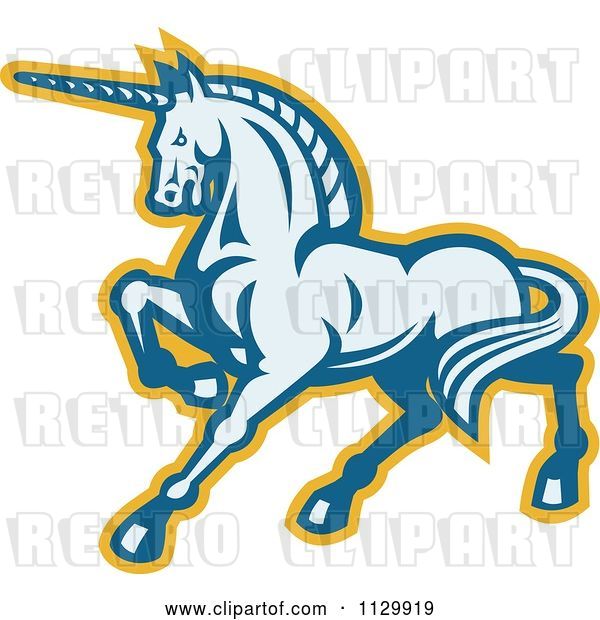 Vector Clip Art of Retro Prancing Unicorn in Blue and Yellow