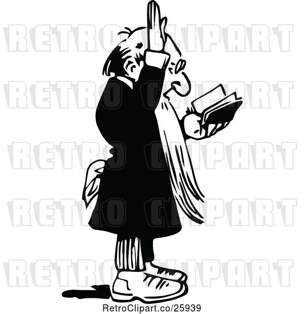 Vector Clip Art of Retro Preacher Reading and Holding a Hand up