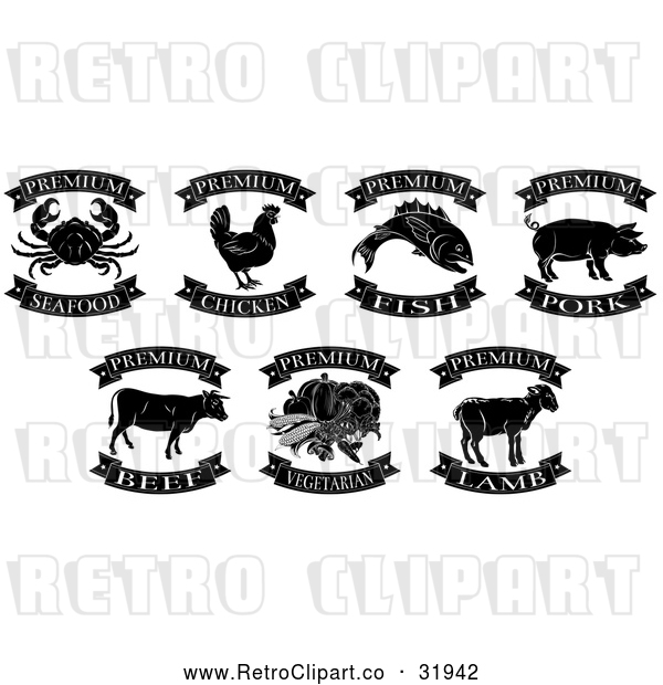 Vector Clip Art of Retro Premium Chicken, Beef, Pork, Lamb, Fish, Seafood and Vegetarian Food Labels 2