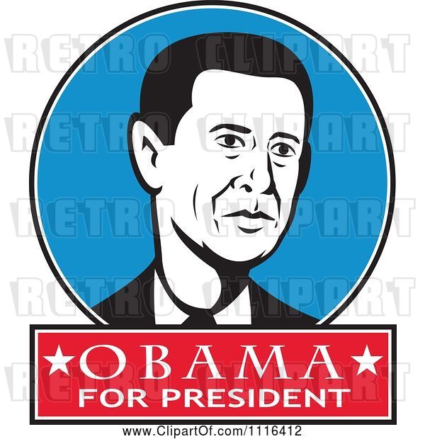 Vector Clip Art of Retro President Barack Obama Portrait in a Blue Circle with Obama for President Text