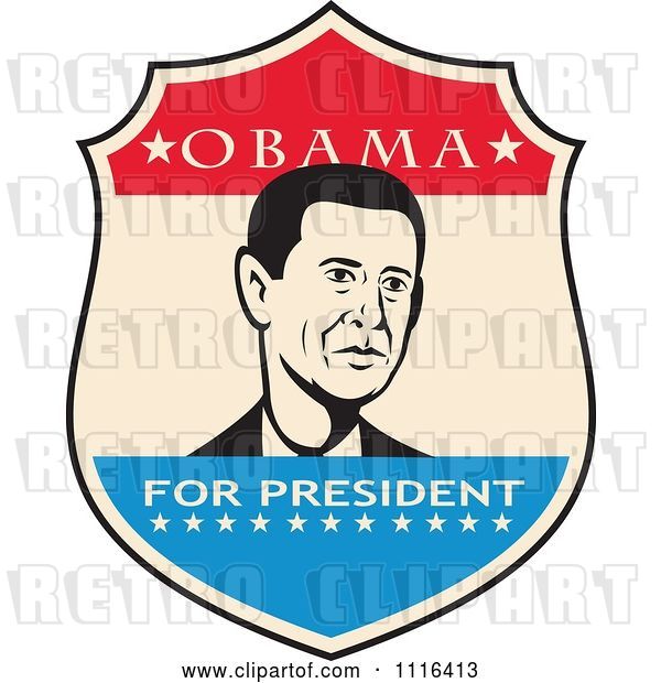 Vector Clip Art of Retro President Barack Obama Portrait in a Shield with Obama for President Text