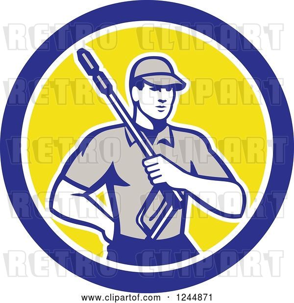 Vector Clip Art of Retro Pressure Washer Worker in a Circle