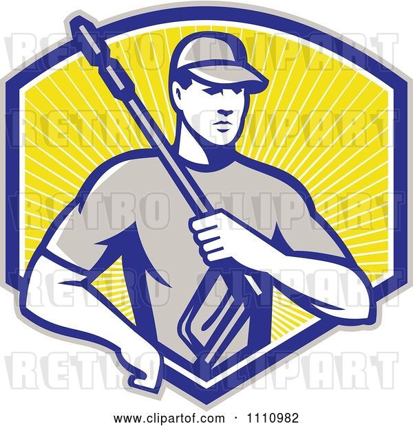 Vector Clip Art of Retro Pressure Washer Worker over a Shield of Rays