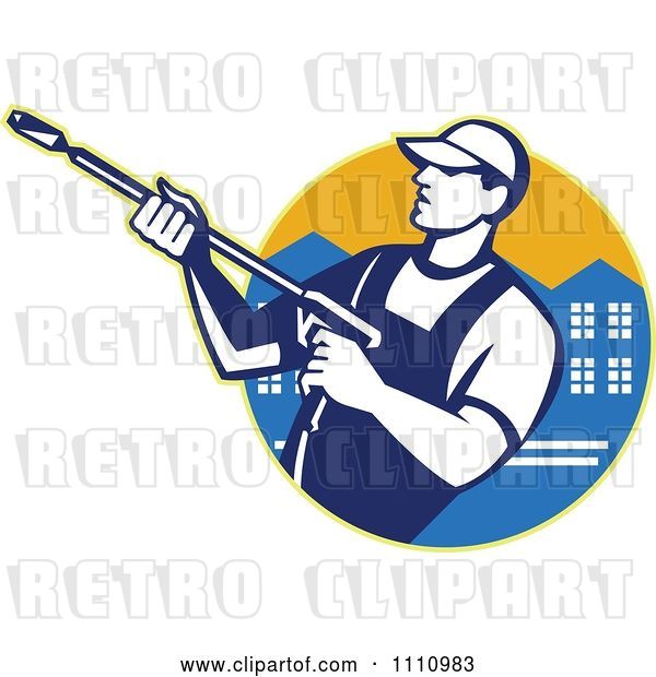 Vector Clip Art of Retro Pressure Washer Worker over an Urban Circle
