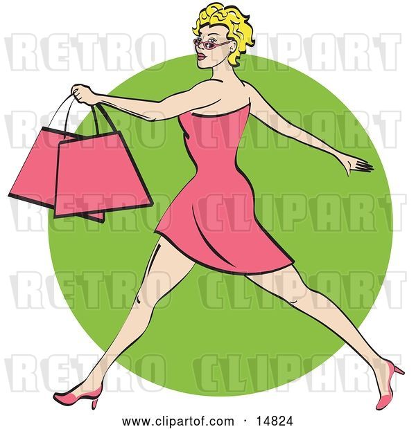 Vector Clip Art of Retro Pretty Blond Lady with Short Hair Taking Long Strides and Carrying Shopping Bags Clipart Illustration