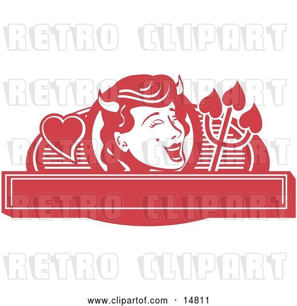 Vector Clip Art of Retro Pretty Shedevil with a Mole and Horns over a Blank Banner