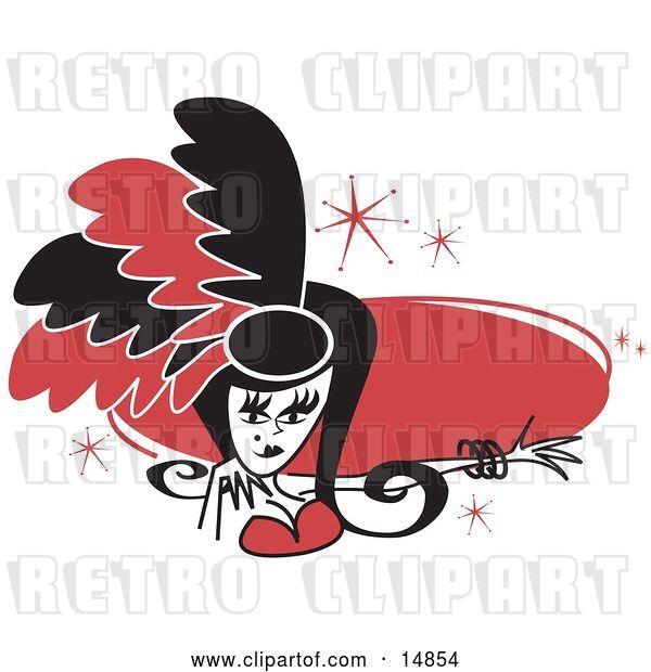 Vector Clip Art of Retro Pretty Showgirl in Red and Black Feathers, Holding out Her Arm in Front of a Red Circle