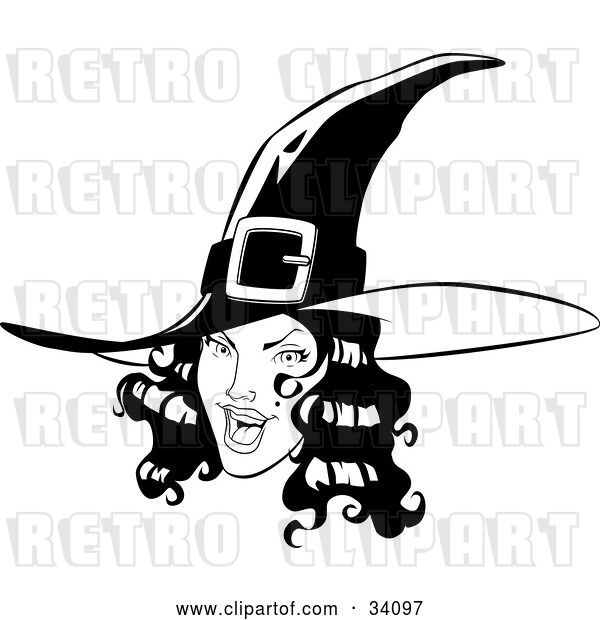 Vector Clip Art of Retro Pretty Young Witch with Black Wavy Hair, Wearing a Pointy Hat and Flashing a Flirty Expression at the Viewer