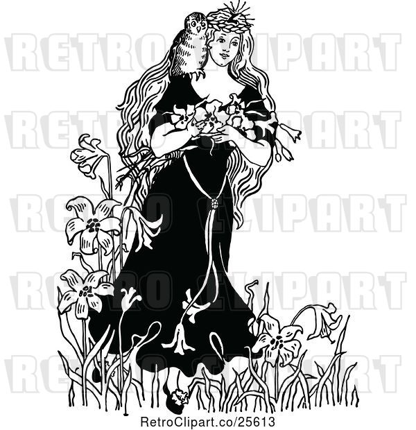 Vector Clip Art of Retro Princess with Owl and Flowers