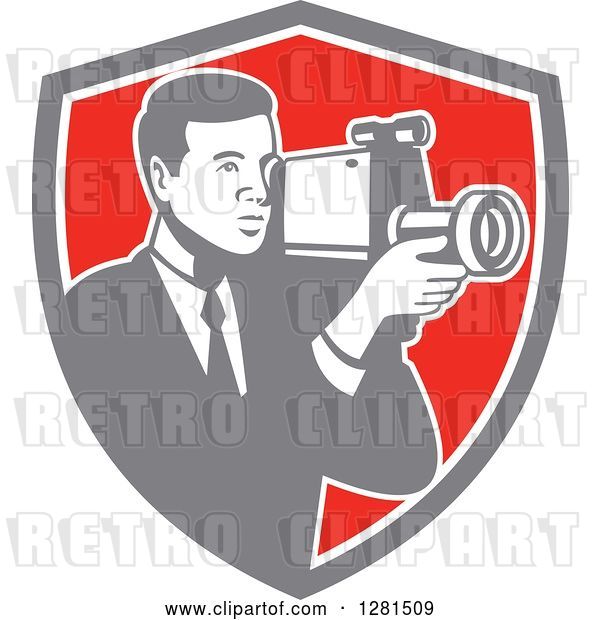 Vector Clip Art of Retro Professional Cameraman Filming in a Gray White and Red Shield
