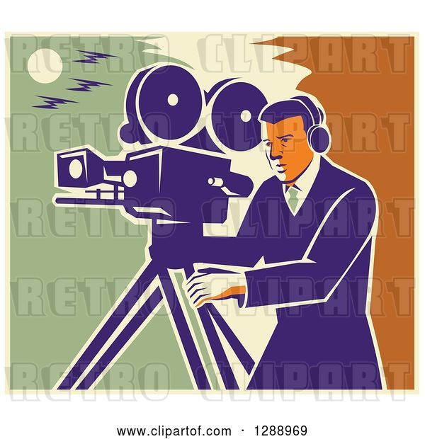 Vector Clip Art of Retro Professional Male Cameraman Working over a Green Yellow and Orange Sky