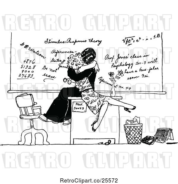 Vector Clip Art of Retro Professor Making out with a Student on a Desk