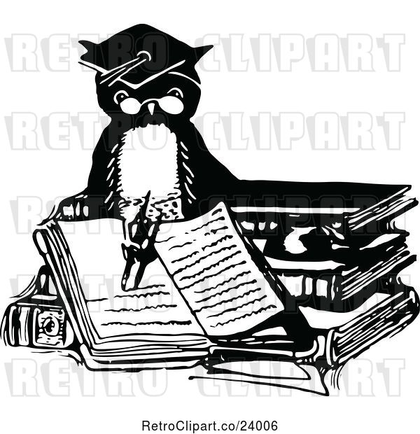 Vector Clip Art of Retro Professor Owl Writing in a Book
