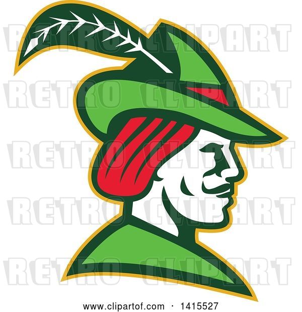 Vector Clip Art of Retro Profile of Robin Hood Wearing a Plumed Hat