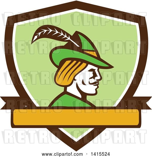 Vector Clip Art of Retro Profile of Robin Hood Wearing a Plumed Hat in a Shield