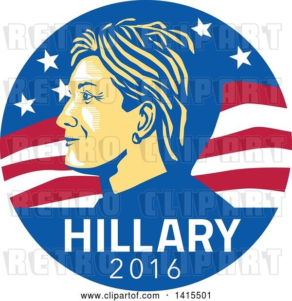Vector Clip Art of Retro Profile Portrait of Hillary Clinton over 2016 Text in an American Flag Circle