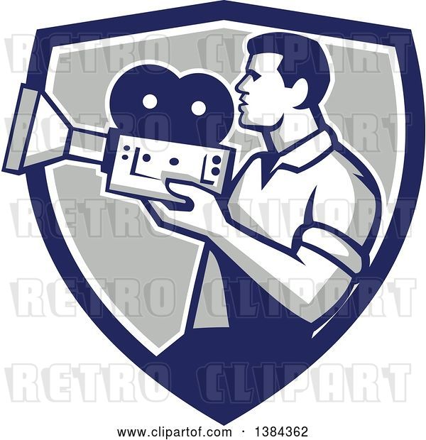 Vector Clip Art of Retro Profiled Camera Guy Filming in a Blue White and Gray Shield