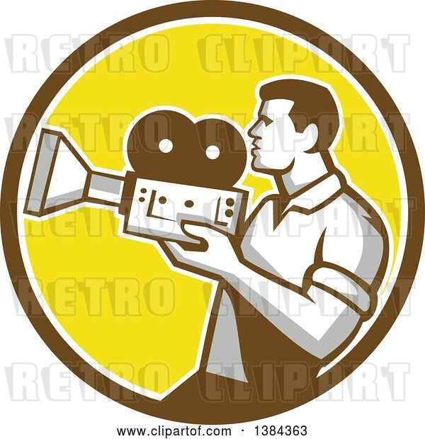 Vector Clip Art of Retro Profiled Camera Guy Filming in a Brown White and Yellow Circle