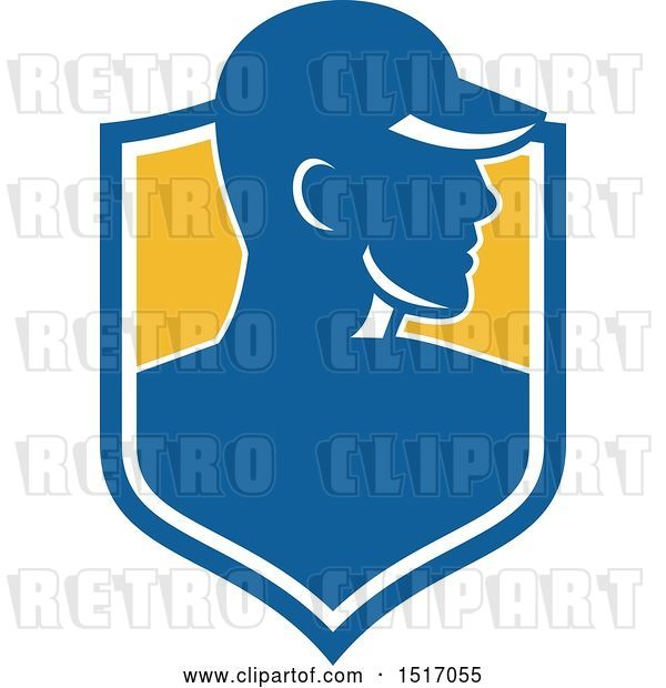 Vector Clip Art of Retro Profiled Male Worker Wearing a Hat in a Shield