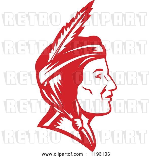 Vector Clip Art of Retro Profiled Native American Indian Lady Woodcut in Red