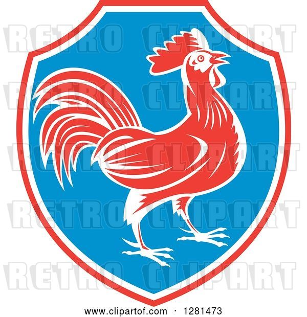 Vector Clip Art of Retro Profiled Woodcut Rooster in a Red White and Blue Shield