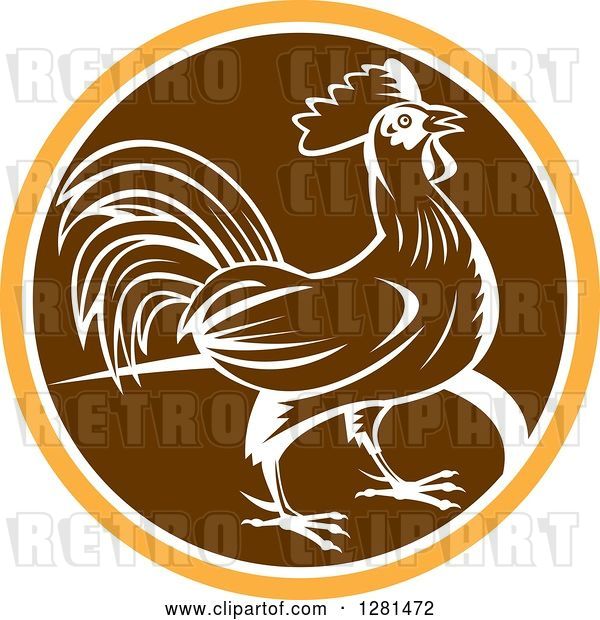 Vector Clip Art of Retro Profiled Woodcut Rooster in an Orange White and Brown Circle