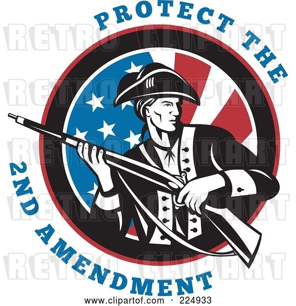 Vector Clip Art of Retro Protect the 2nd Amendment Text Around a Revolutionary War Soldier Holding a Rifle over an American Flag