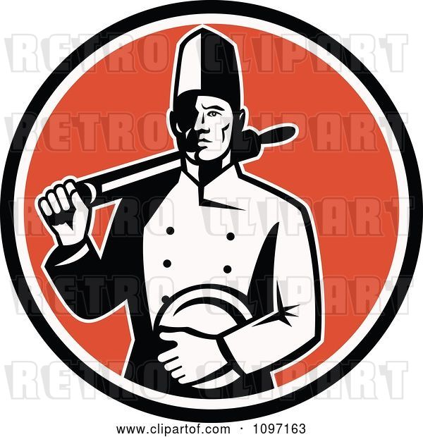 Vector Clip Art of Retro Proud Male Chef Holding a Plate and Rolling Pin over an Orange Circle